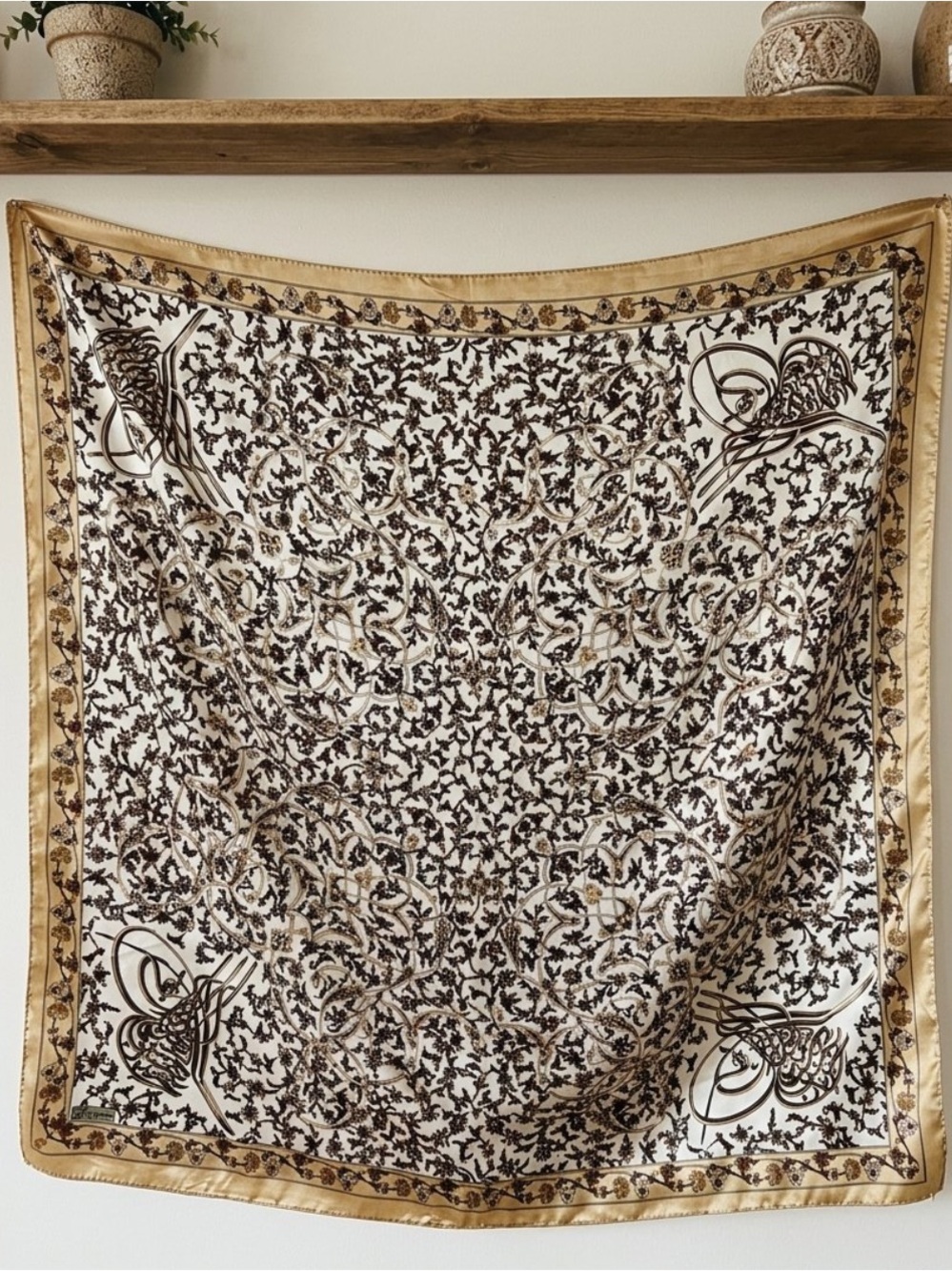 Elegant Gold and Black Turkish Floral Silk Scarf- Ottoman Made in Turkey